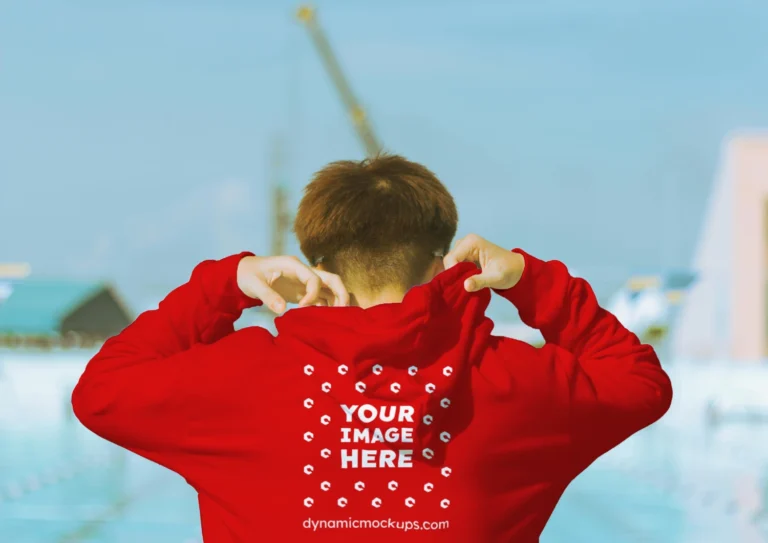Man Wearing Red Hoodie Mockup Back View Template