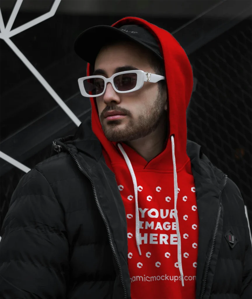 Man Wearing Red Hoodie Mockup Front View Template