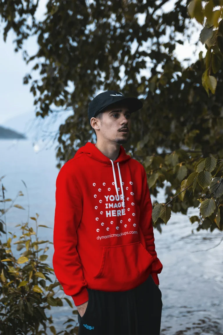 Man Wearing Red Hoodie Mockup Front View Template