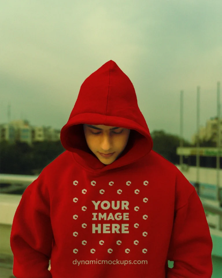 Man Wearing Red Hoodie Mockup Front View Template