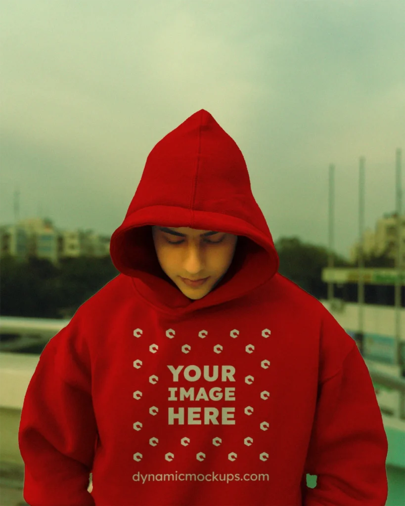 Man Wearing Red Hoodie Mockup Front View Template