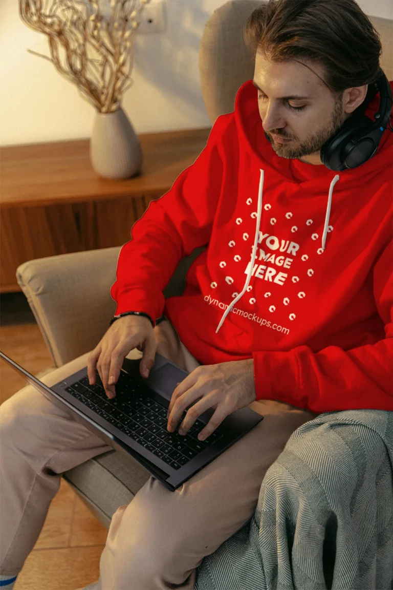 Man Wearing Red Hoodie Mockup Front View Template