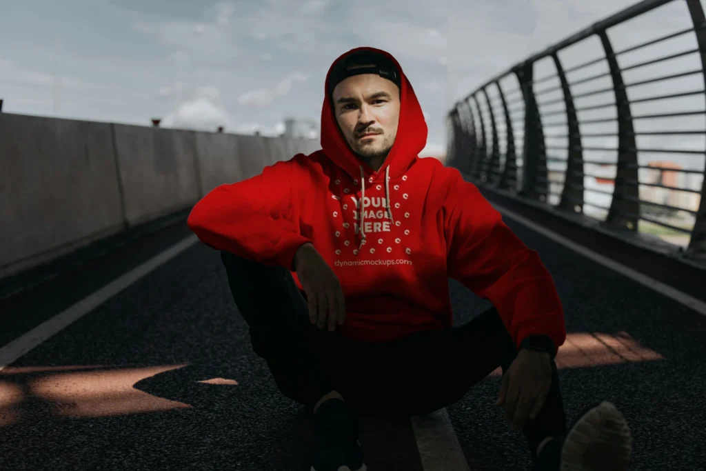 Man Wearing Red Hoodie Mockup Front View Template