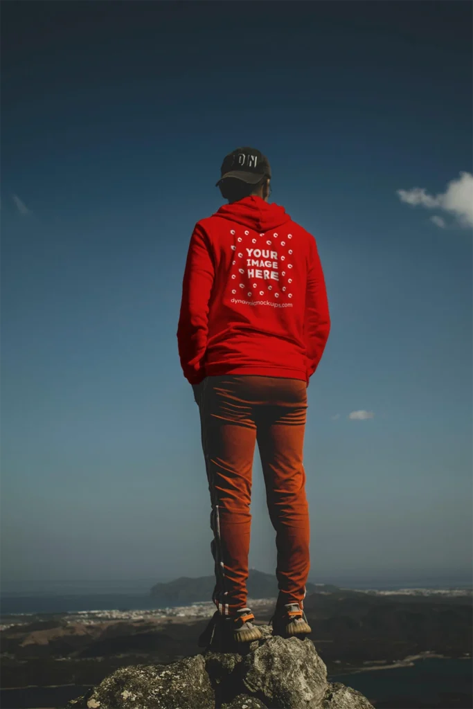 Man Wearing Red Hoodie Mockup Back View Template