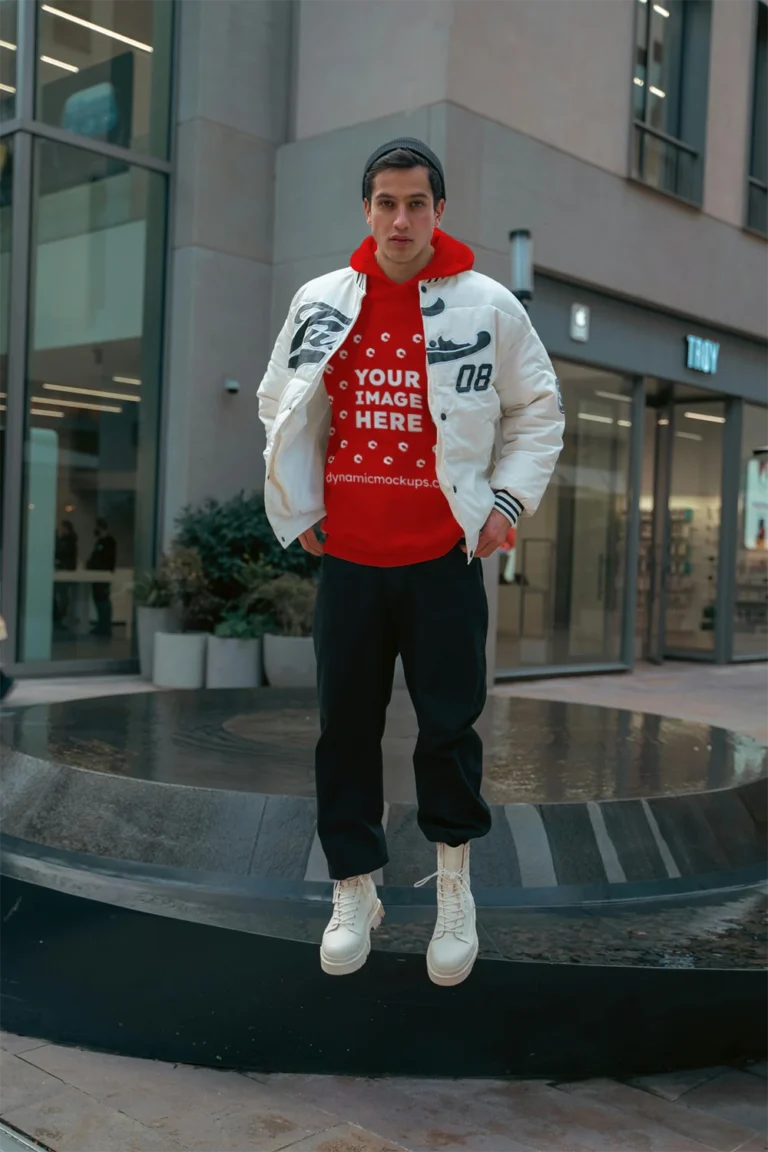 Man Wearing Red Hoodie Mockup Front View Template