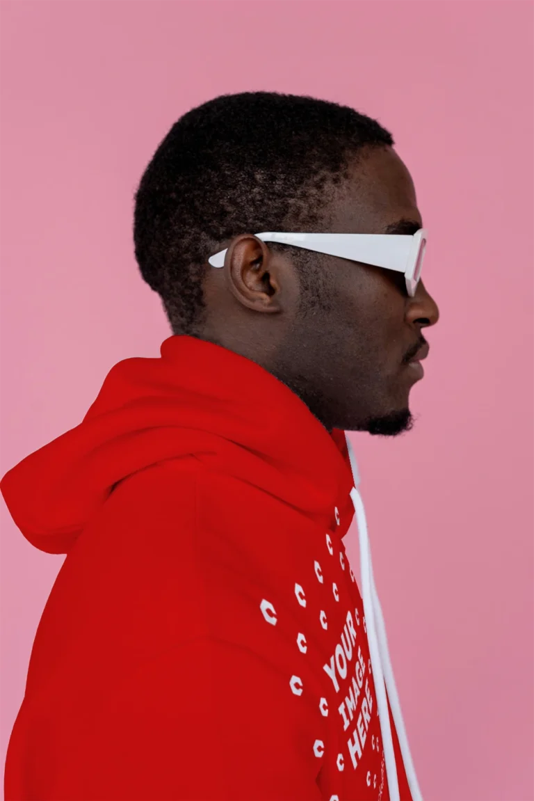 Man Wearing Red Hoodie Mockup Side View Template