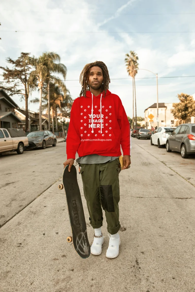 Man Wearing Red Hoodie Mockup Front View Template