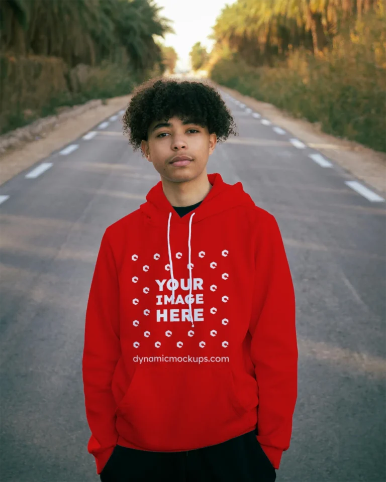 Man Wearing Red Hoodie Mockup Front View Template
