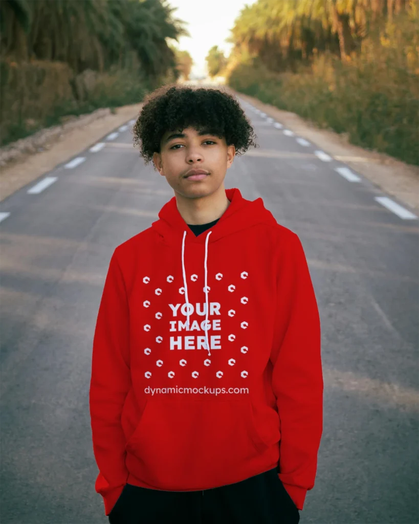 Man Wearing Red Hoodie Mockup Front View Template