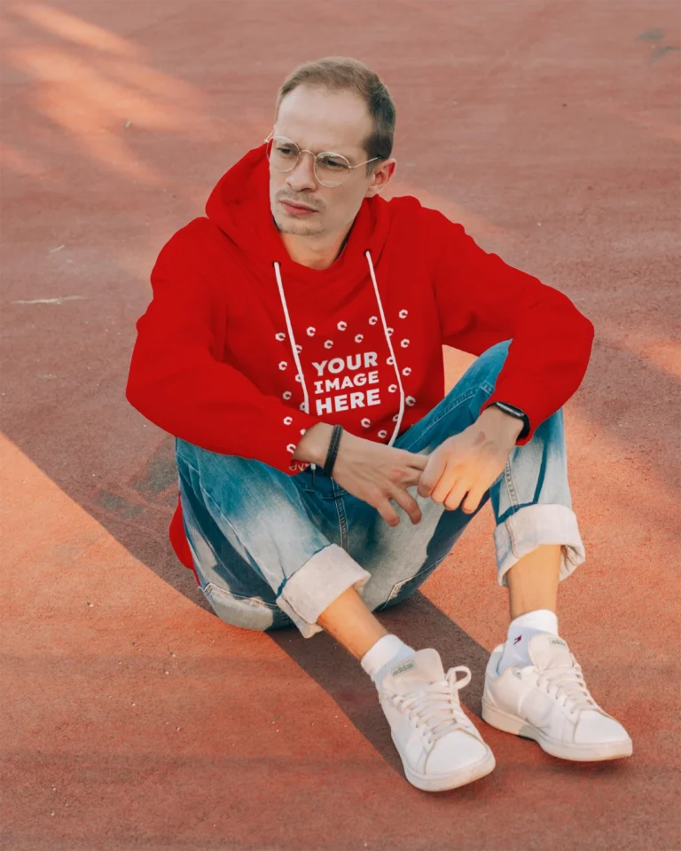 Man Wearing Red Hoodie Mockup Front View Template