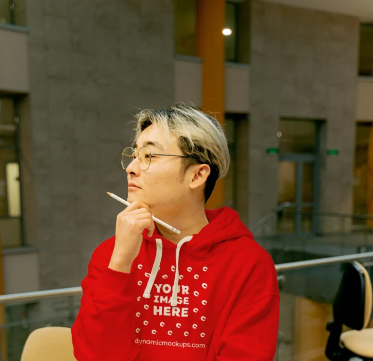 Man Wearing Red Hoodie Mockup Front View Template