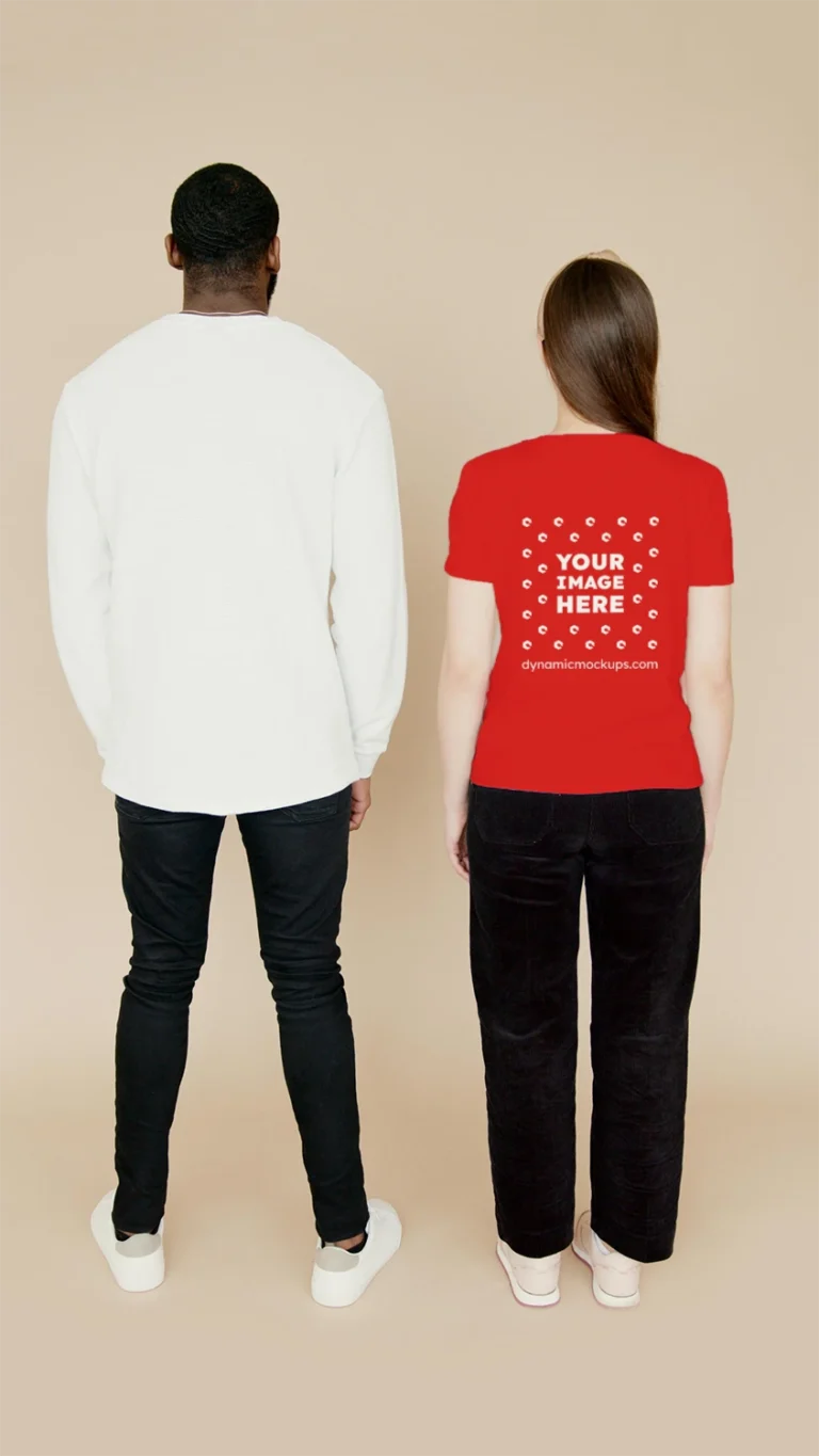 Man Wearing Red T-shirt Mockup Back View Template