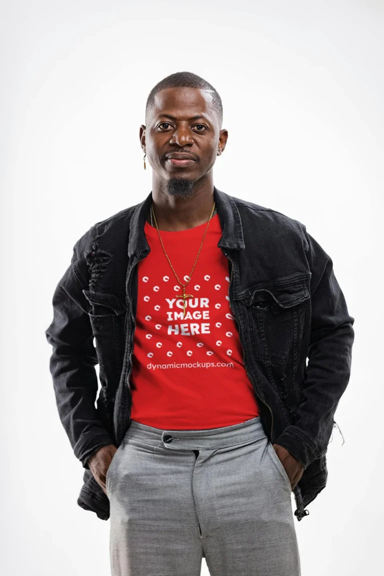 Man Wearing Red T-shirt Mockup Front View Template