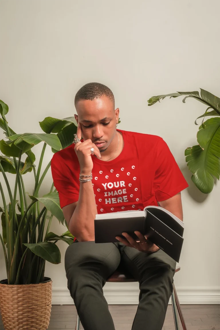 Man Wearing Red T-shirt Mockup Front View Template