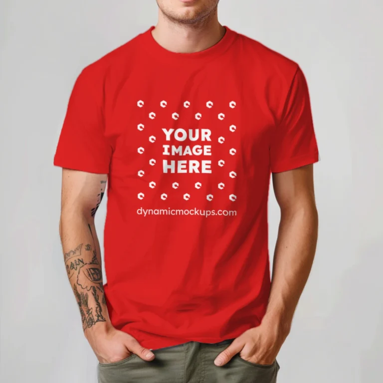 Man Wearing Red T-shirt Mockup Front View Template