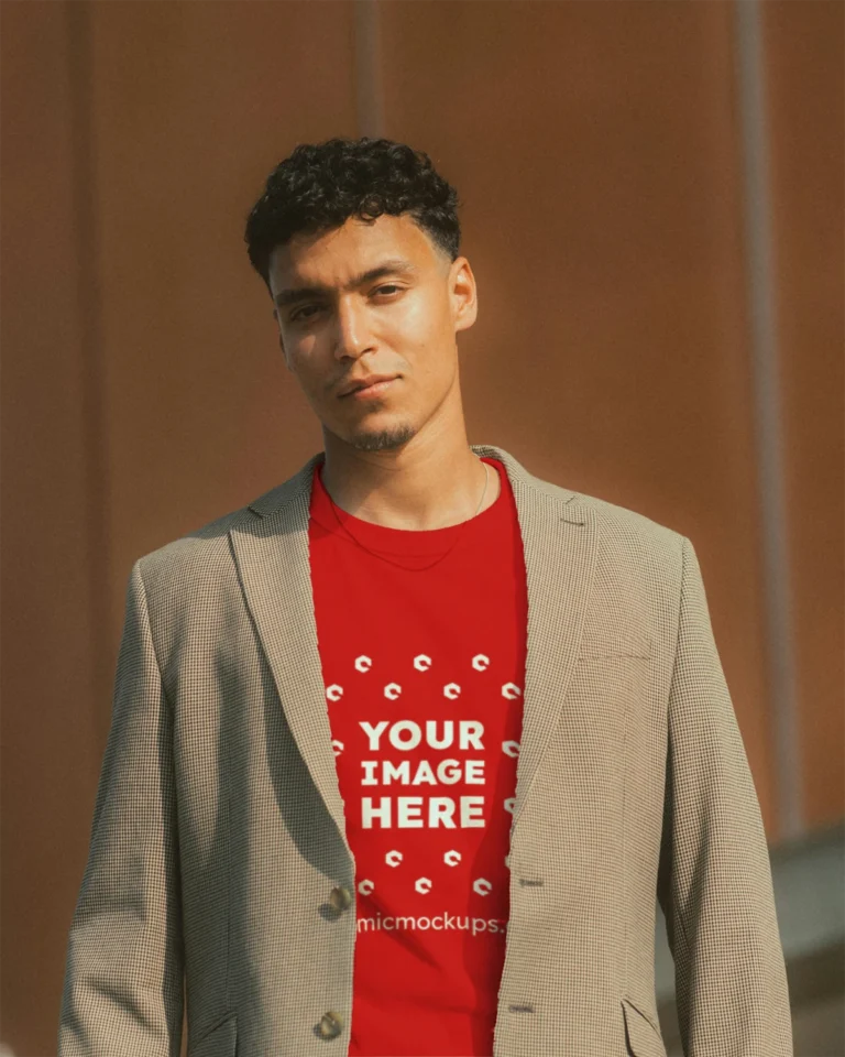 Man Wearing Red T-shirt Mockup Front View Template