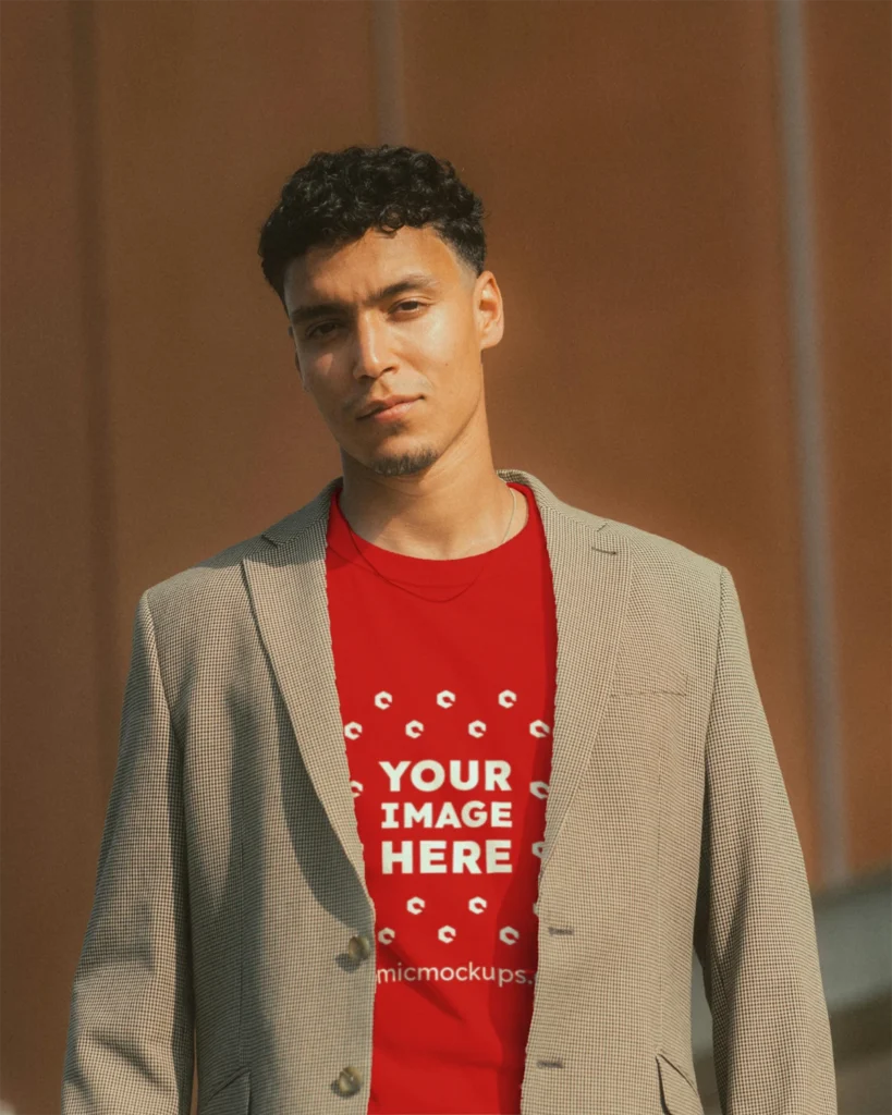 Man Wearing Red T-shirt Mockup Front View Template
