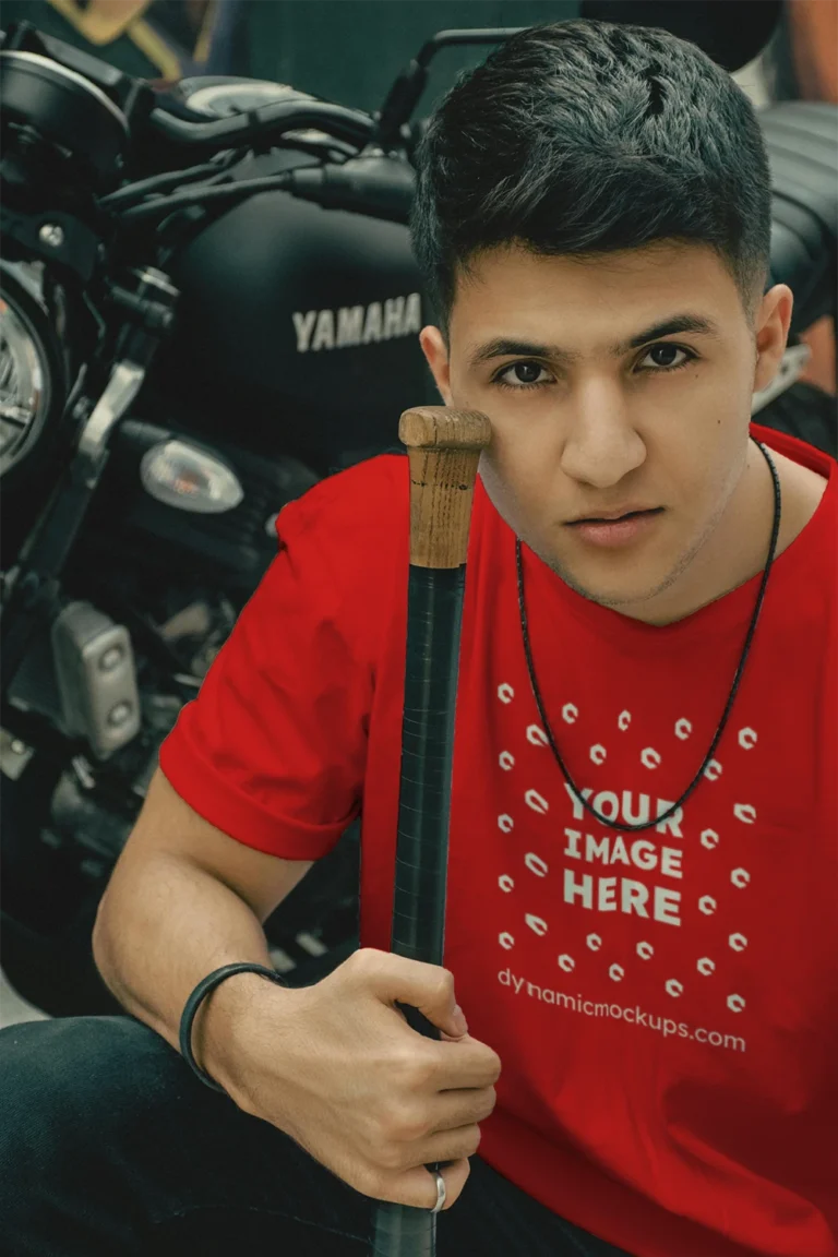 Man Wearing Red T-shirt Mockup Front View Template