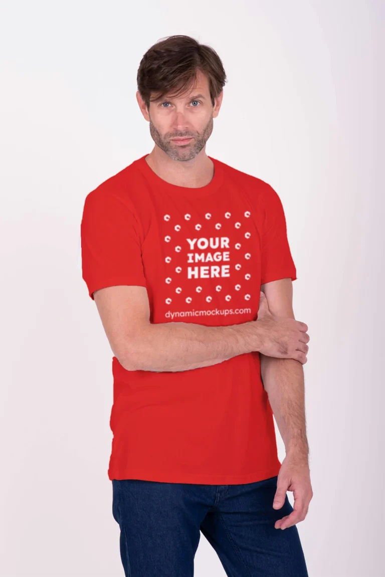 Man Wearing Red T-shirt Mockup Front View Template