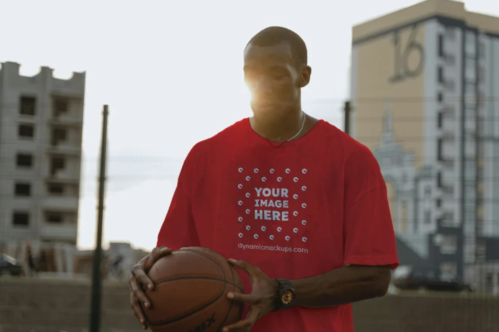 Man Wearing Red T-shirt Mockup Front View Template