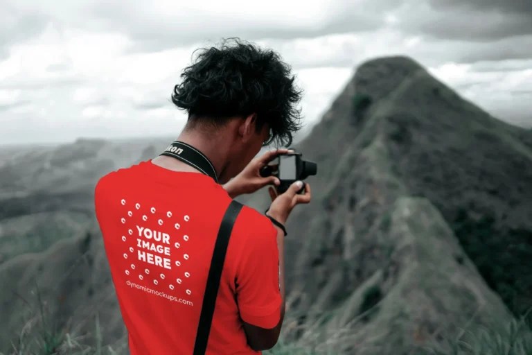 Man Wearing Red T-shirt Mockup Back View Template