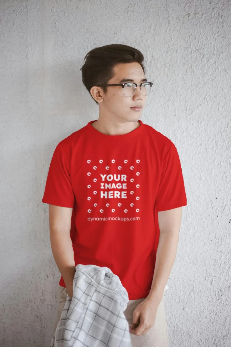 Man Wearing Red T-shirt Mockup Front View Template