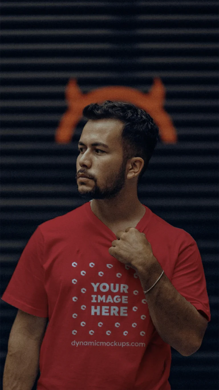 Man Wearing Red T-shirt Mockup Front View Template
