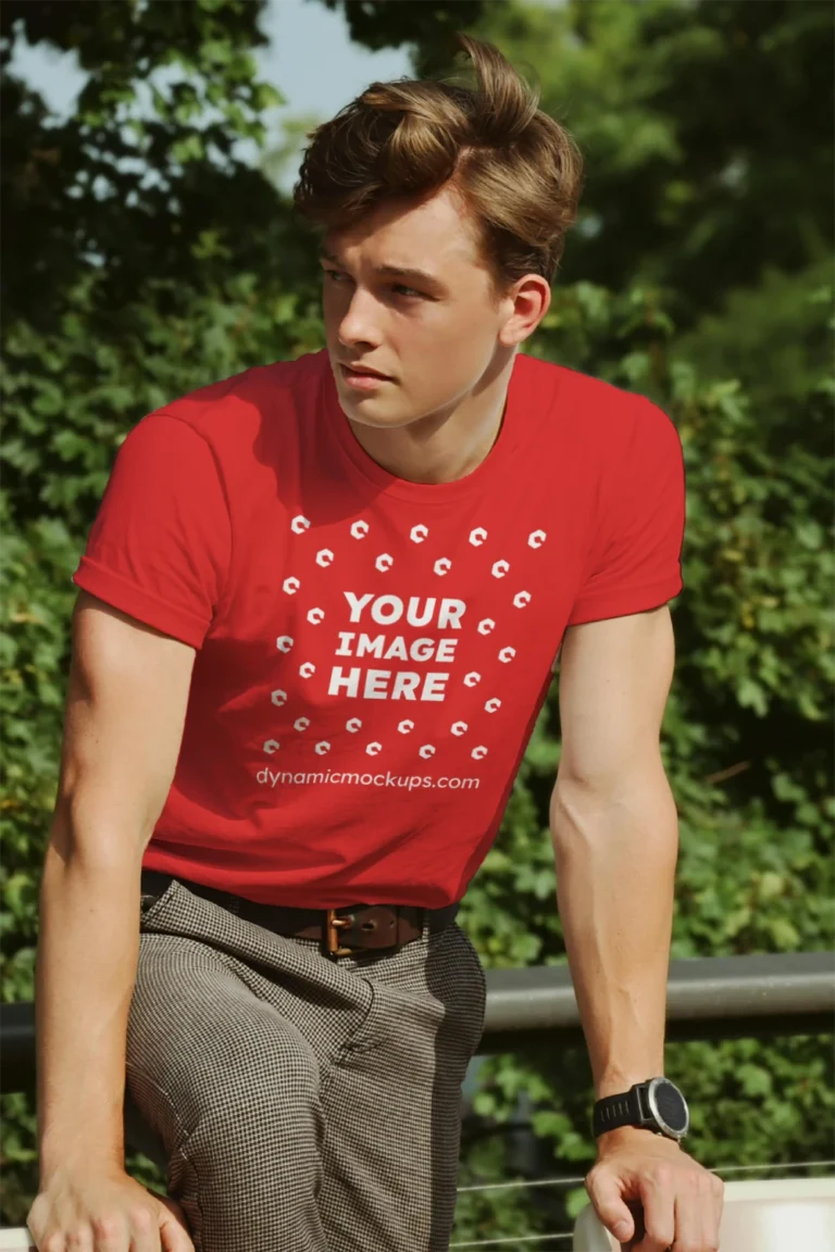 Man Wearing Red T-shirt Mockup Front View Template