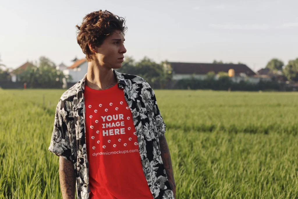 Man Wearing Red T-shirt Mockup Front View Template