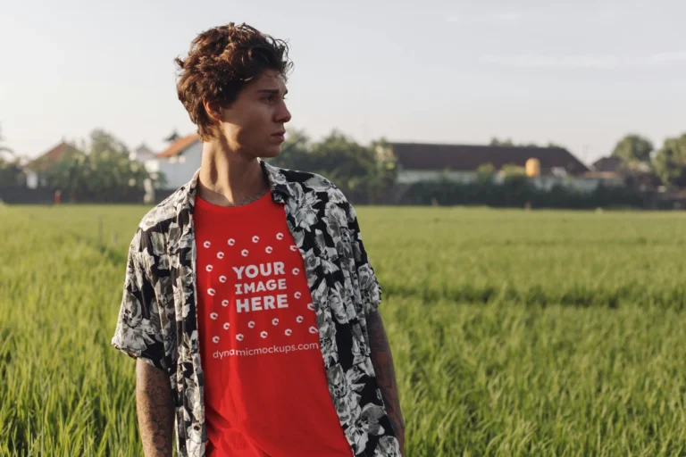 Man Wearing Red T-shirt Mockup Front View Template