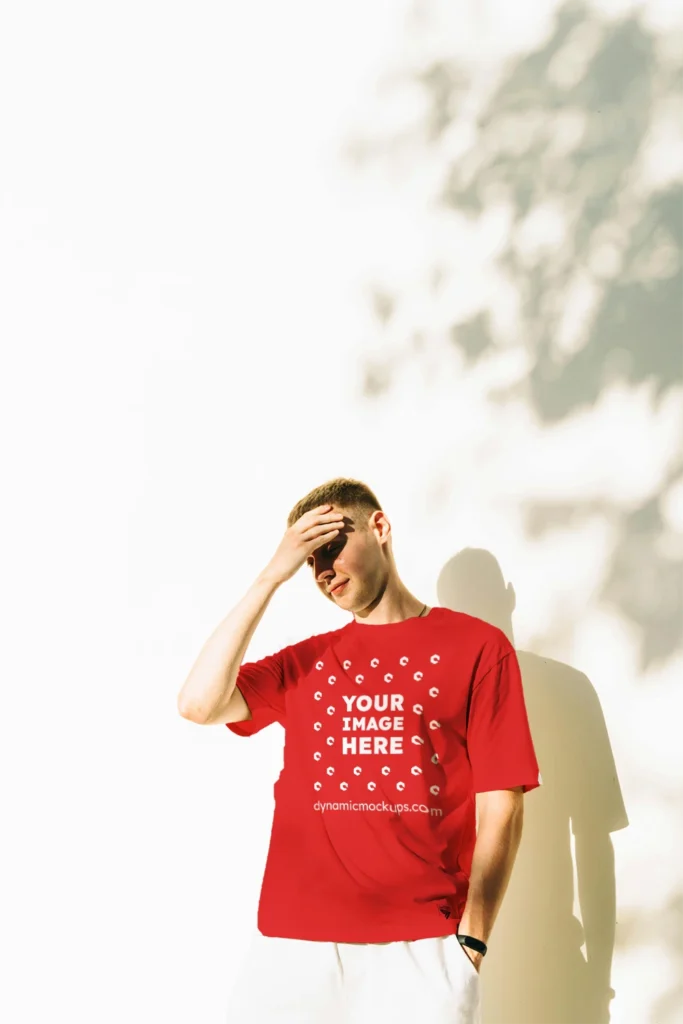 Man Wearing Red T-shirt Mockup Front View Template