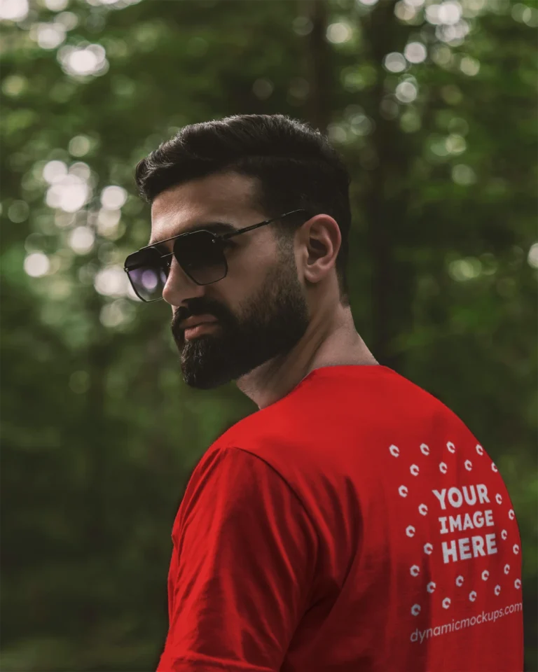 Man Wearing Red T-shirt Mockup Back View Template