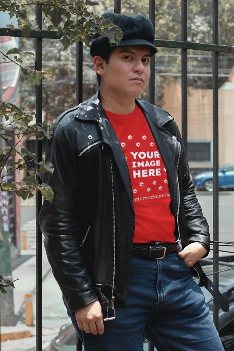 Man Wearing Red T-shirt Mockup Front View Template