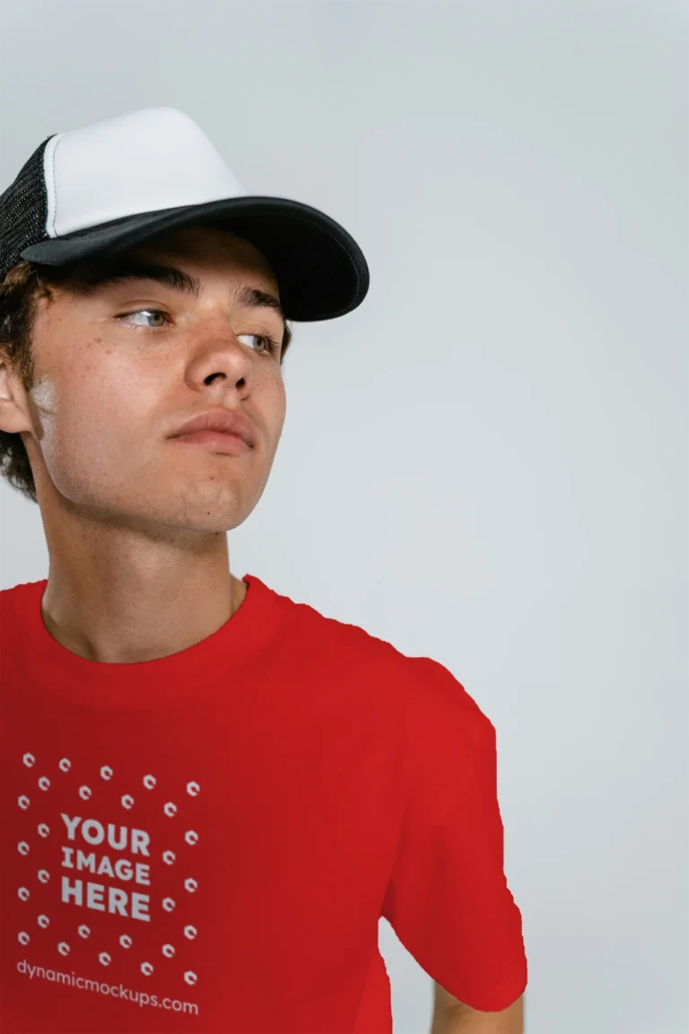 Man Wearing Red T-shirt Mockup Front View Template