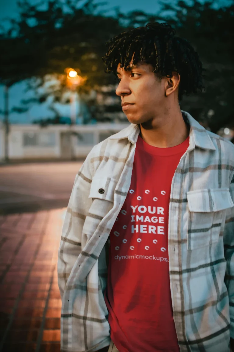 Man Wearing Red T-shirt Mockup Front View Template
