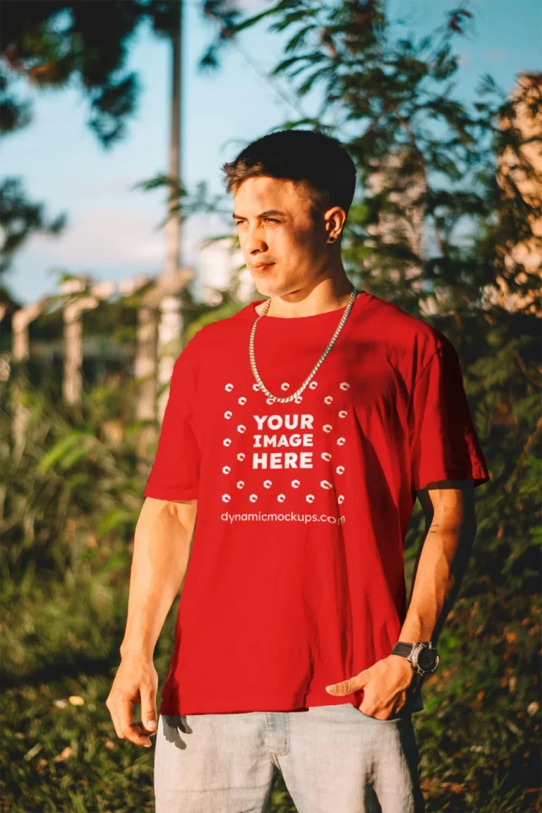 Man Wearing Red T-shirt Mockup Front View Template