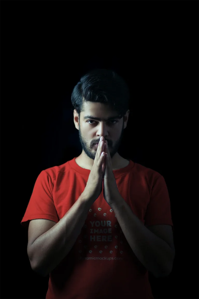 Man Wearing Red T-shirt Mockup Front View Template