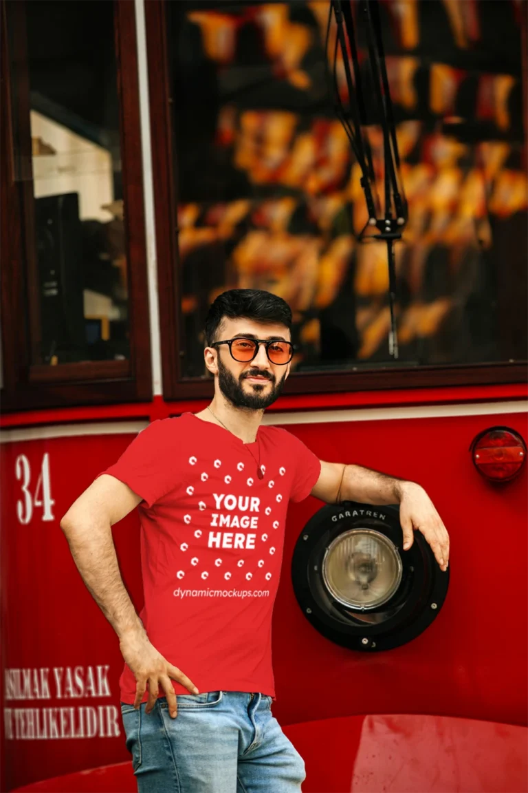 Man Wearing Red T-shirt Mockup Front View Template
