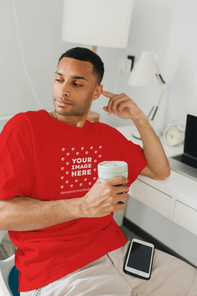 Man Wearing Red T-shirt Mockup Front View Template