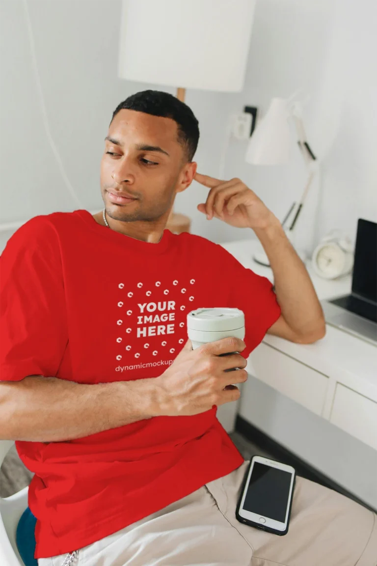 Man Wearing Red T-shirt Mockup Front View Template