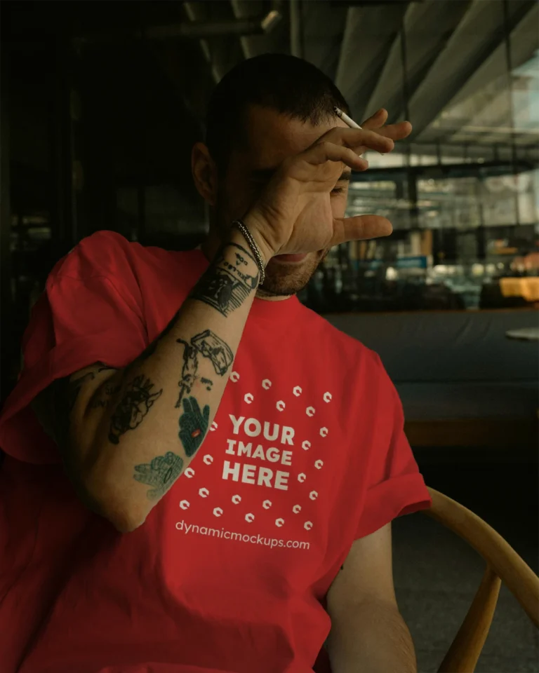 Man Wearing Red T-shirt Mockup Front View Template