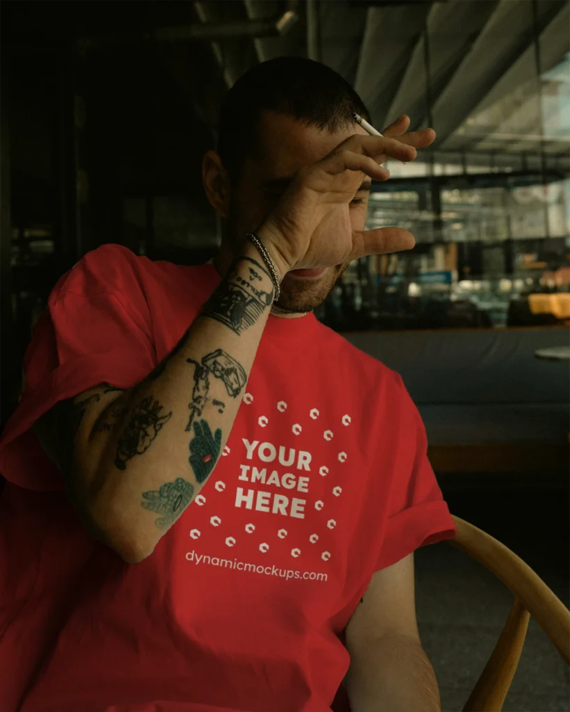 Man Wearing Red T-shirt Mockup Front View Template