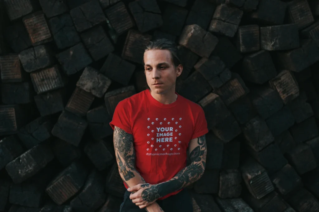 Man Wearing Red T-shirt Mockup Front View Template