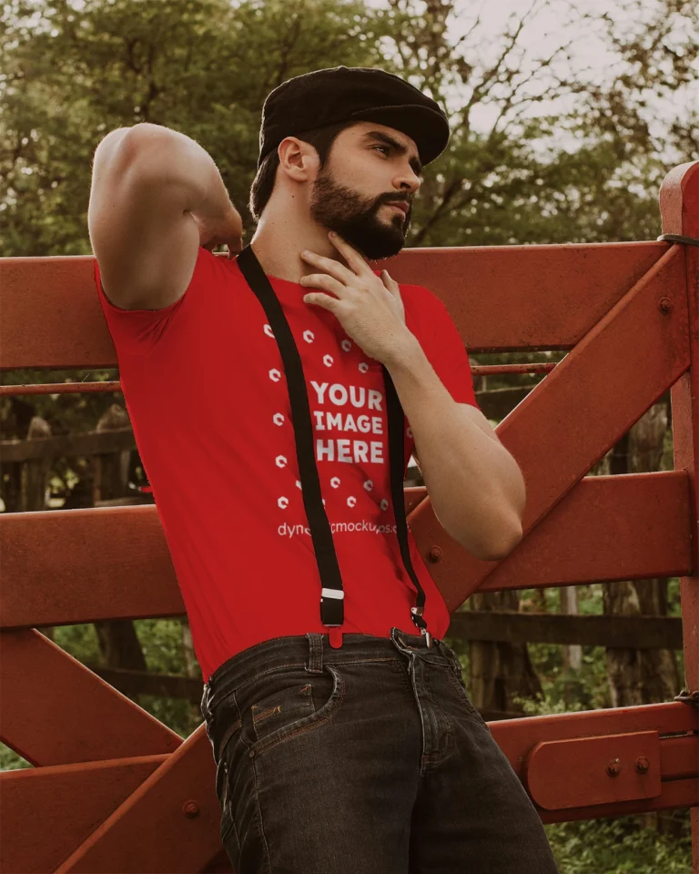 Man Wearing Red T-shirt Mockup Front View Template