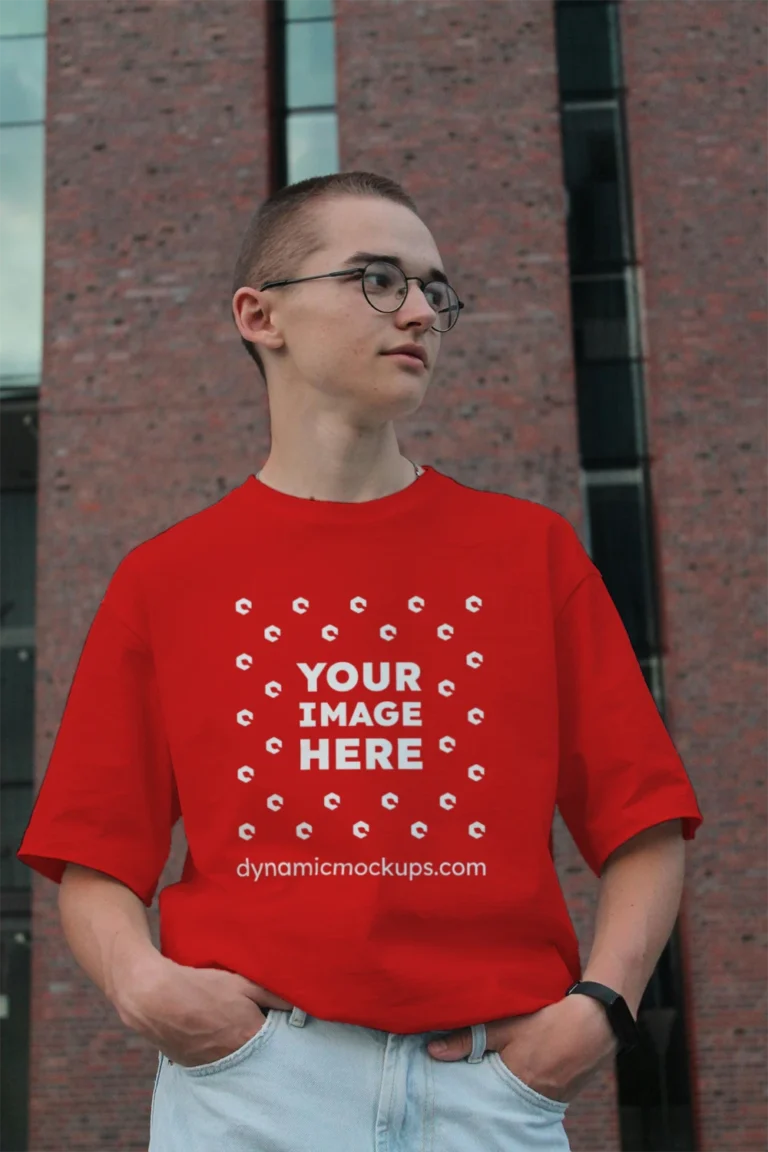 Man Wearing Red T-shirt Mockup Front View Template