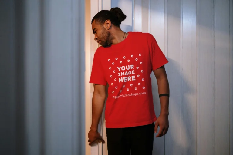 Man Wearing Red T-shirt Mockup Front View Template