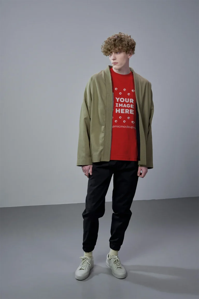 Man Wearing Red T-shirt Mockup Front View Template