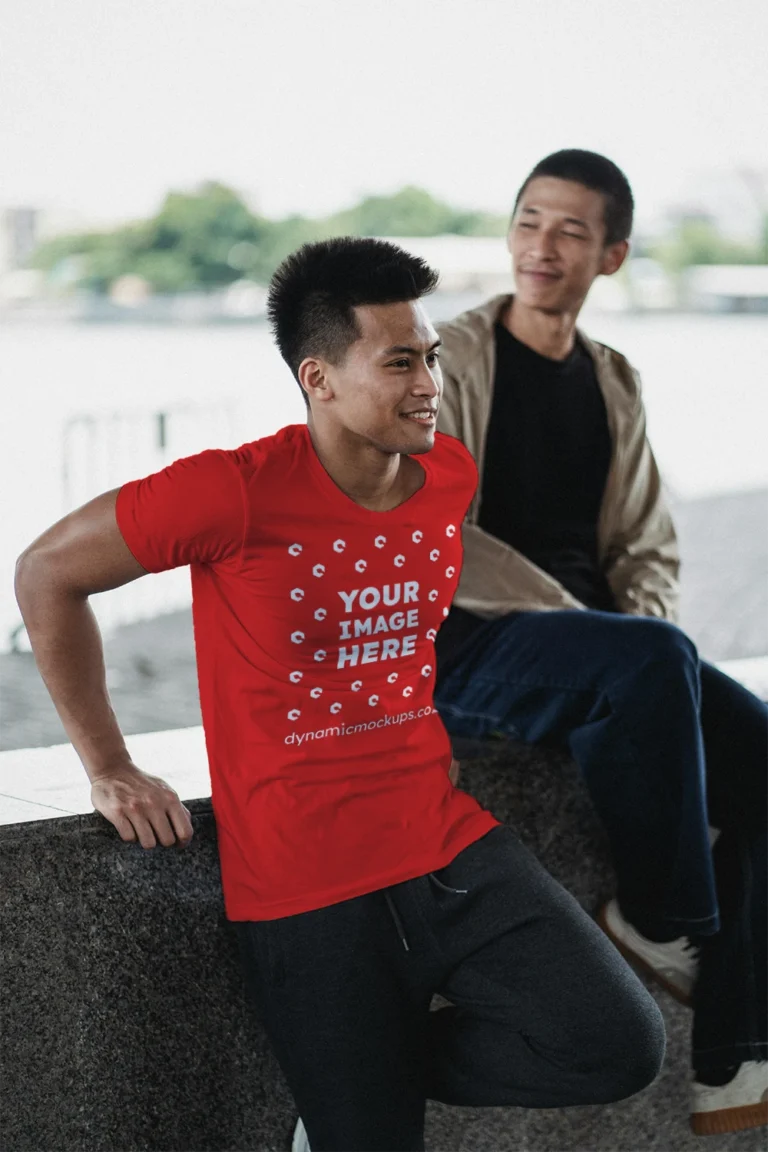 Man Wearing Red T-shirt Mockup Front View Template