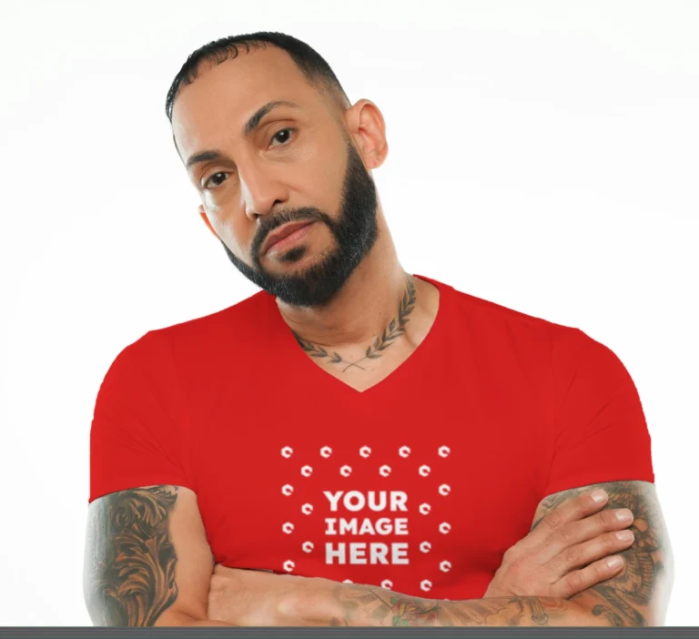 Man Wearing Red T-shirt Mockup Front View Template