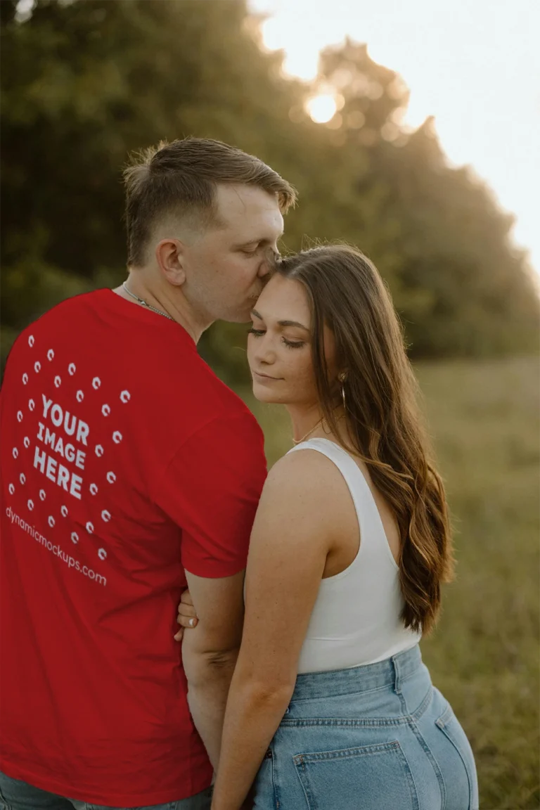Man Wearing Red T-shirt Mockup Back View Template